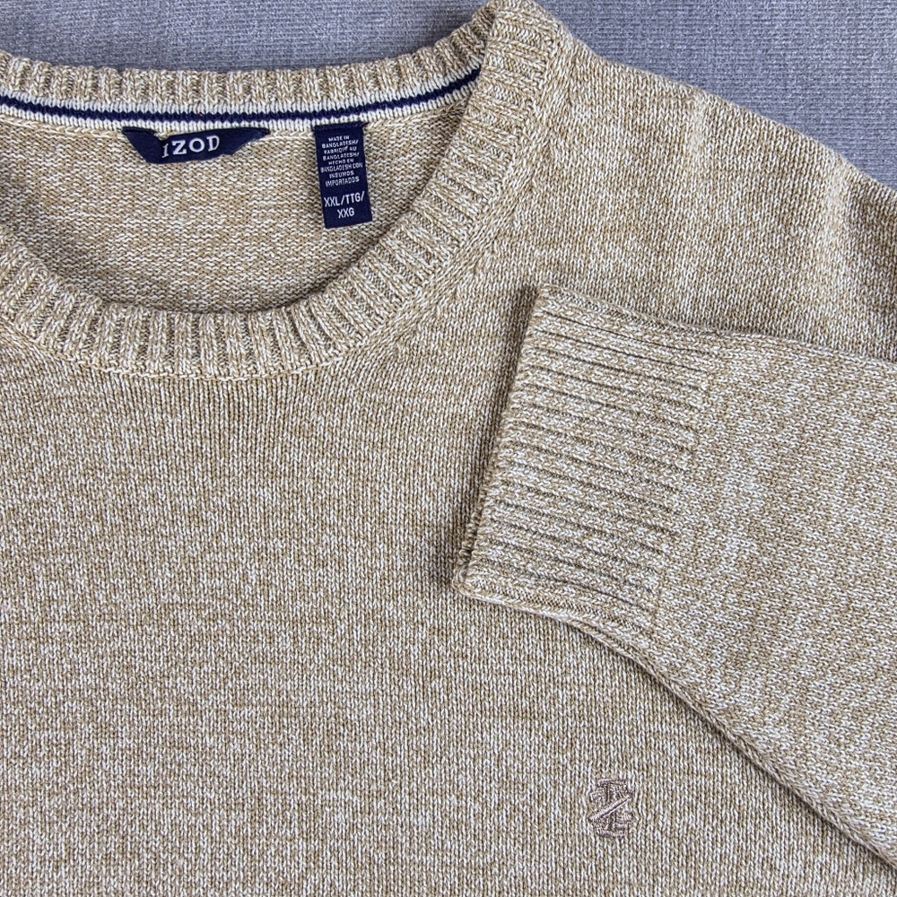 IZOD Crewneck Sweater Mens XXL Tan Marled Knit Cotton Blend Pullover Grandpacore